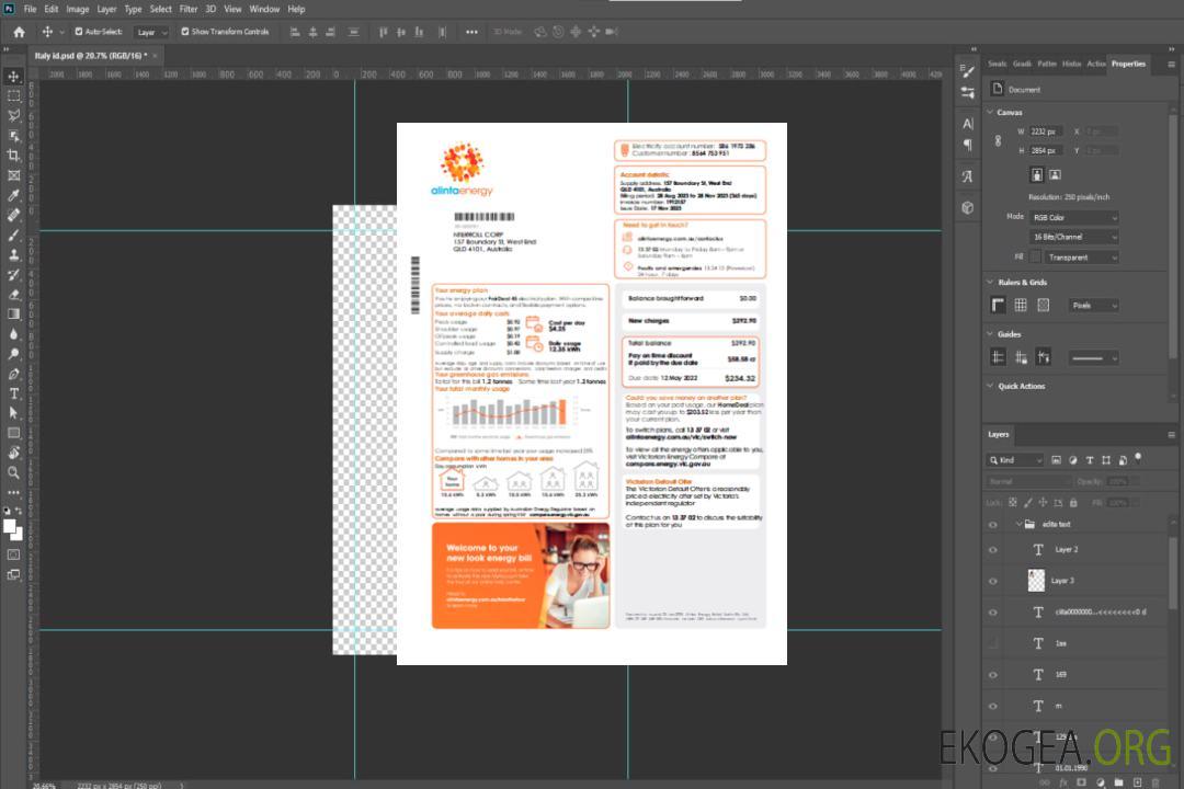 Facture commerciale du service public d'électricité d'Alinta Energy, page 1, SCR template Facture commerciale du service public d'électricité d'Alinta Energy, page 1, SCR template